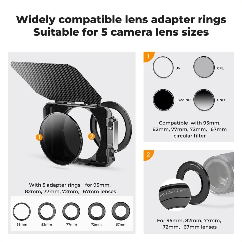 K&F Concept Matte Box Kit w/ Black Mist Filter &‎ Adapter Rings 67–95mm DSLR